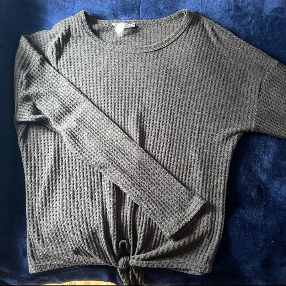 Olive Green Knit Long Sleeve Shirt with tie bottom